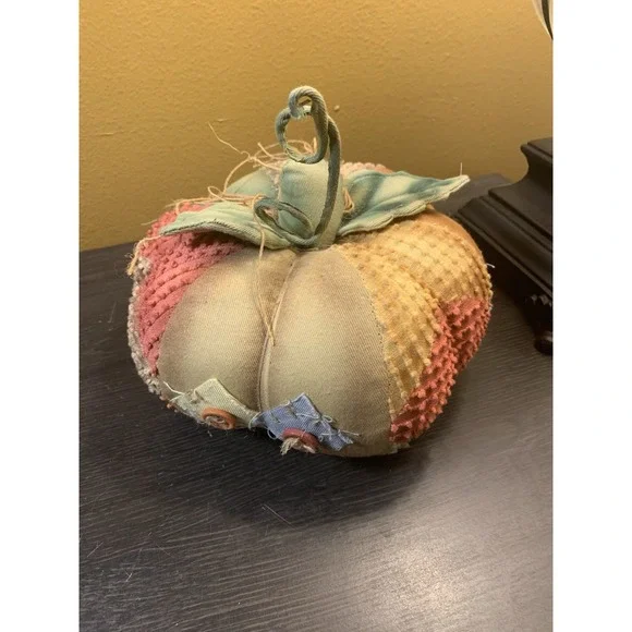 Folk Plush Art Stuffed Handmade Pumpkin 6 Different  Cloth Panels Leaves &‎ Stem - Picture 3 of 9